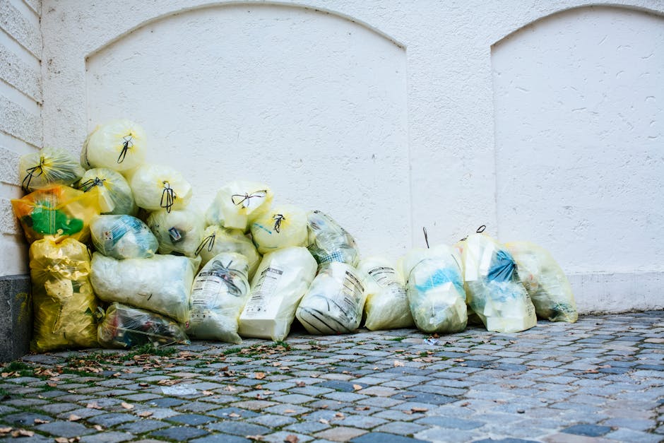 A collection of tightly packed waste bags, made of clear and yellow plastic, are stacked against a white textured wall outside a building on a cobblestone pavement. The bags contain various types of rubbish, including paper, plastic, and packaging materials, with some showing visible labels or printed designs. The bags are unevenly arranged, with some leaning against each other and others resting directly on the uneven cobblestones, which are brownish-gray with scattered small twigs and leaves. The scene suggests an instance of external rubbish collection, possibly part of a private waste disposal service, with the bags prepared for removal. The background features a smooth white wall with faint arch-shaped recesses and a corner where a brick wall joins the plaster. The lighting appears natural, providing clear visibility of all objects without shadows, emphasizing the utilitarian aspect of rubbish management outside a residential or commercial property.